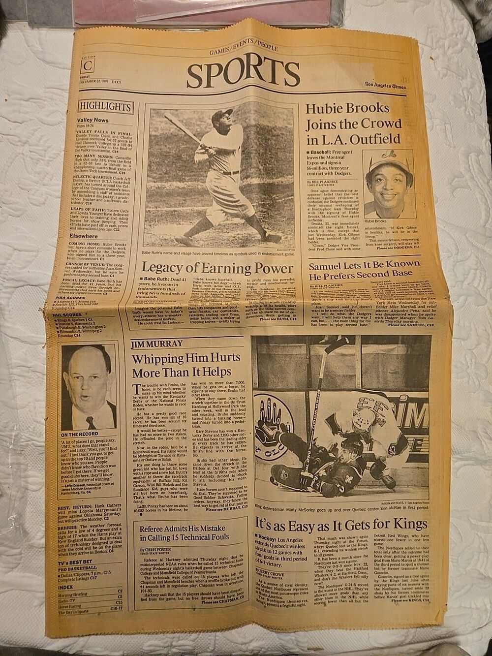 Los Angeles Times Sports Section December 22 1989 Babe Ruth Hubie Brooks etc...